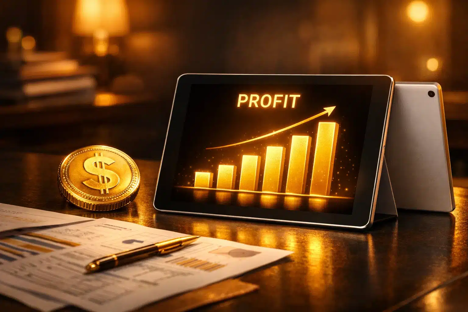 A premium financial scene showing profit charts and golden accents representing institutional revenue.
