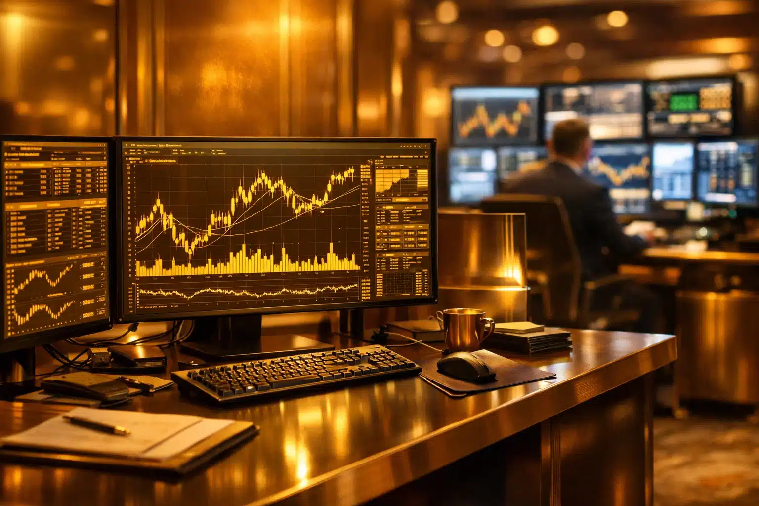 A comparison of institutional trading desks in a sophisticated, golden-themed financial setting.
