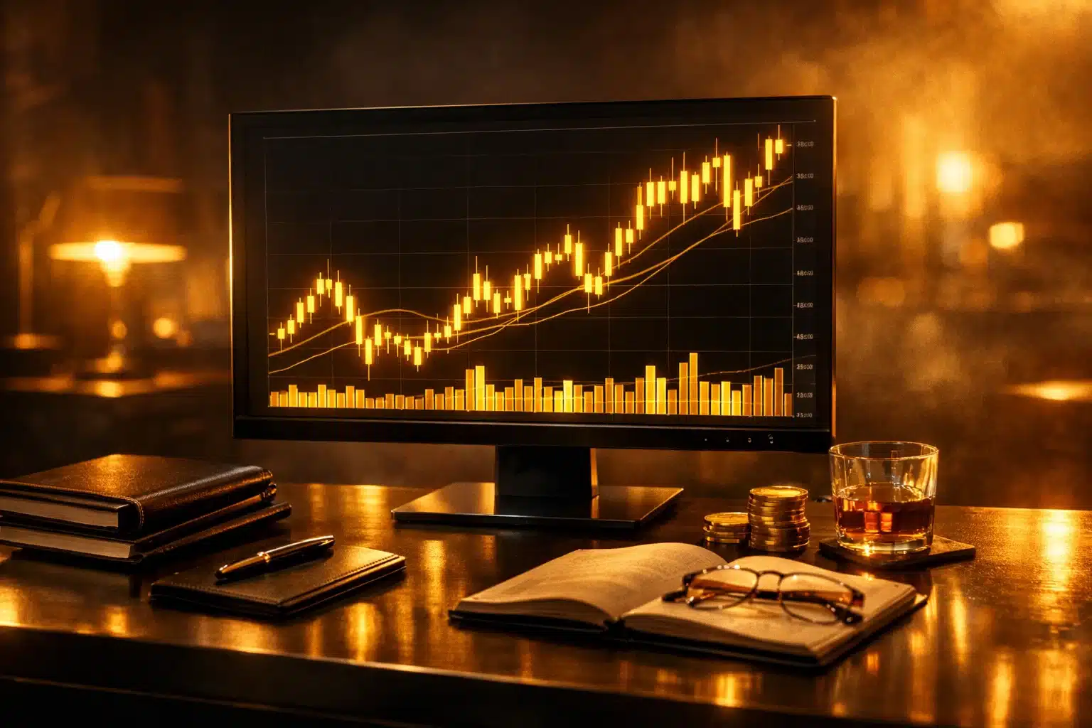 A focused view of a trading monitor with golden financial charts in a warm, sophisticated office setting.