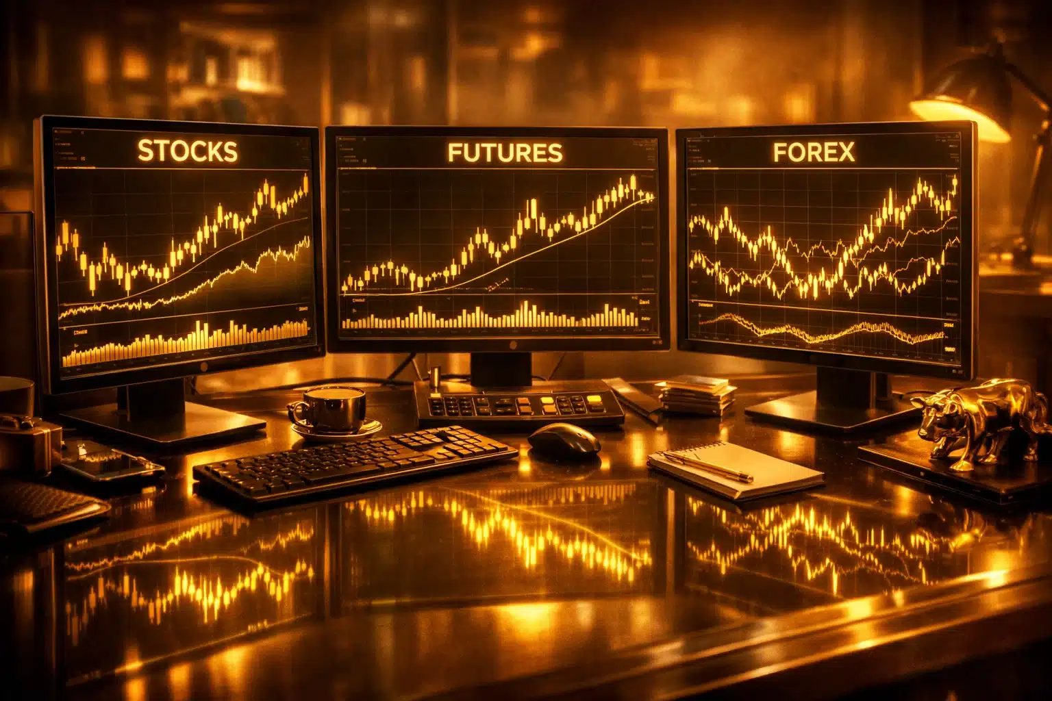 Multiple trading monitors showing different financial markets in a unified golden and amber cinematic style.
