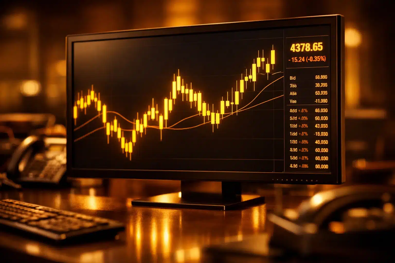 Close-up of glowing golden stock market charts on a dark monitor in a premium office setting.