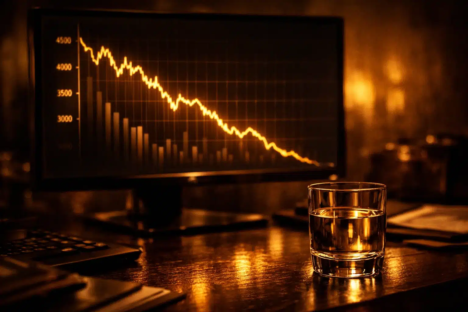 A dark screen showing a downward golden market trend with professional amber lighting and deep shadows.