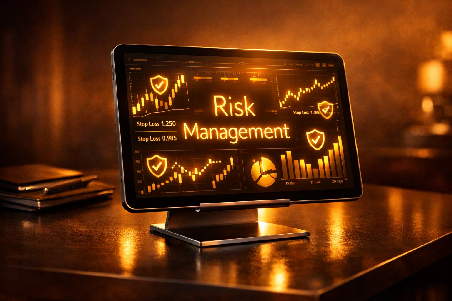 Modern digital tablet on a desk displaying a high-tech risk management dashboard with glowing golden indicators.