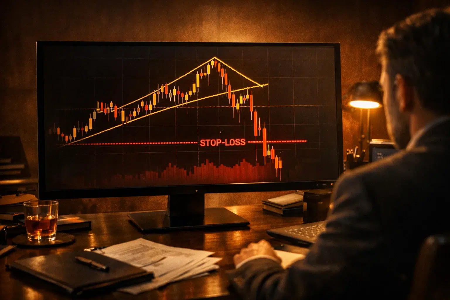 Professional trading monitor showing a failed pattern breakout with protective stop-loss lines in golden light.