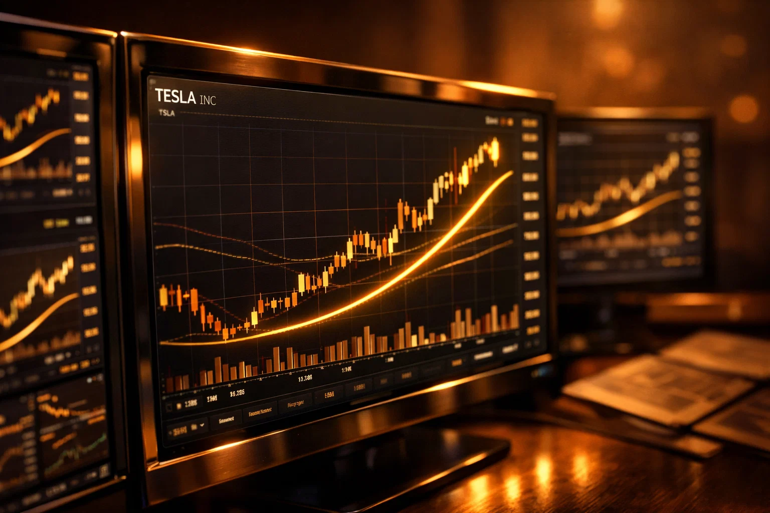 Close-up of a dark trading terminal with glowing golden trend lines representing Tesla stock price fluctuations.