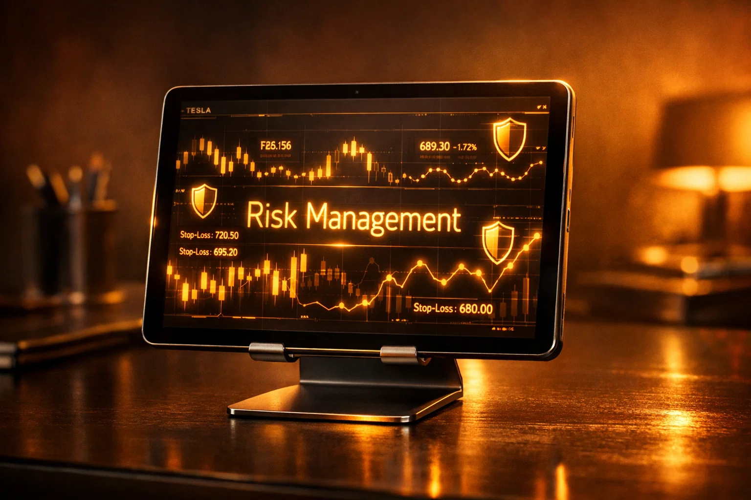 Digital tablet displaying a golden CFD risk concepts dashboard related to Tesla on a dark, professional office desk.