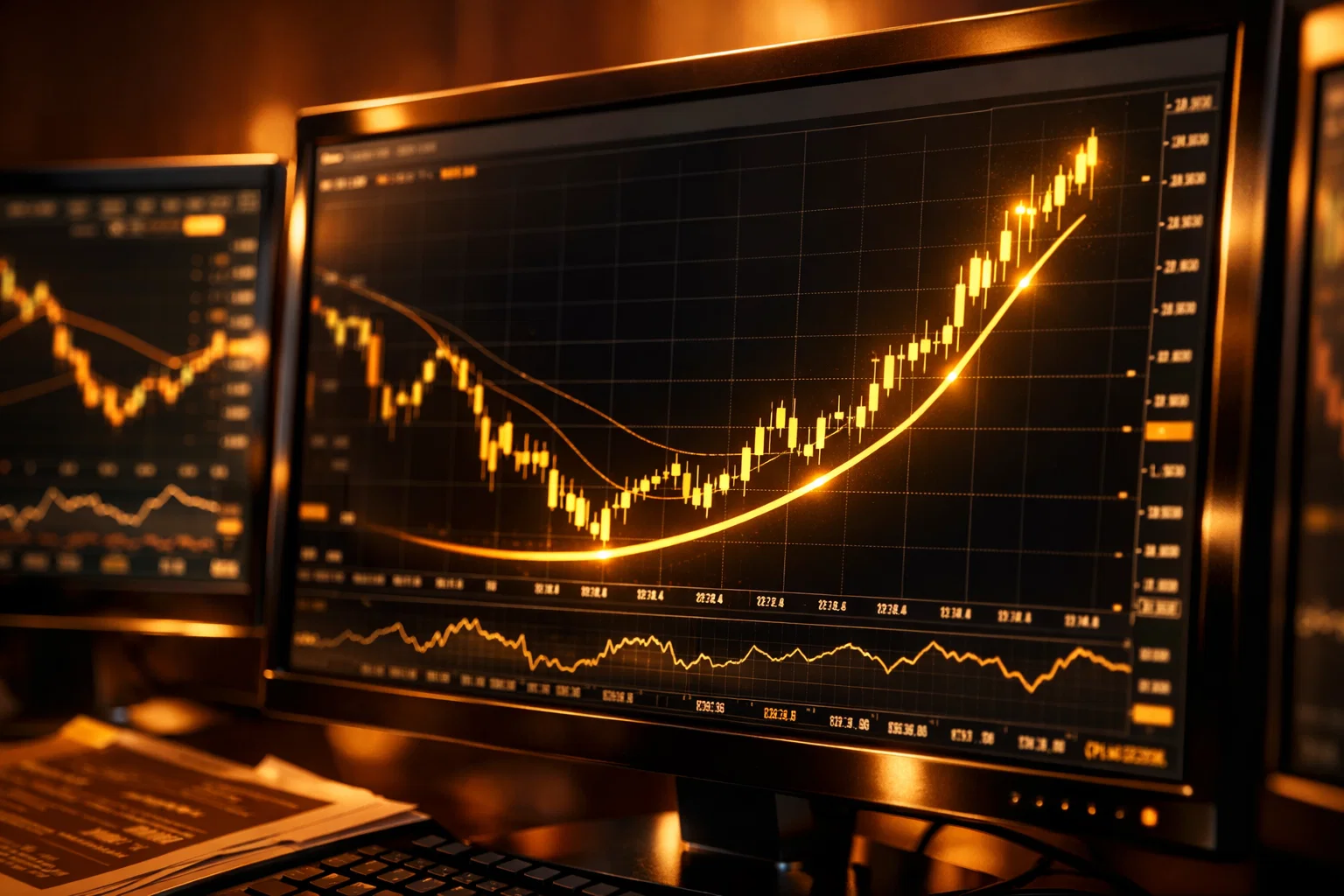 Close-up of a trading terminal showing glowing golden trend lines on dark screens with a warm amber atmosphere.
