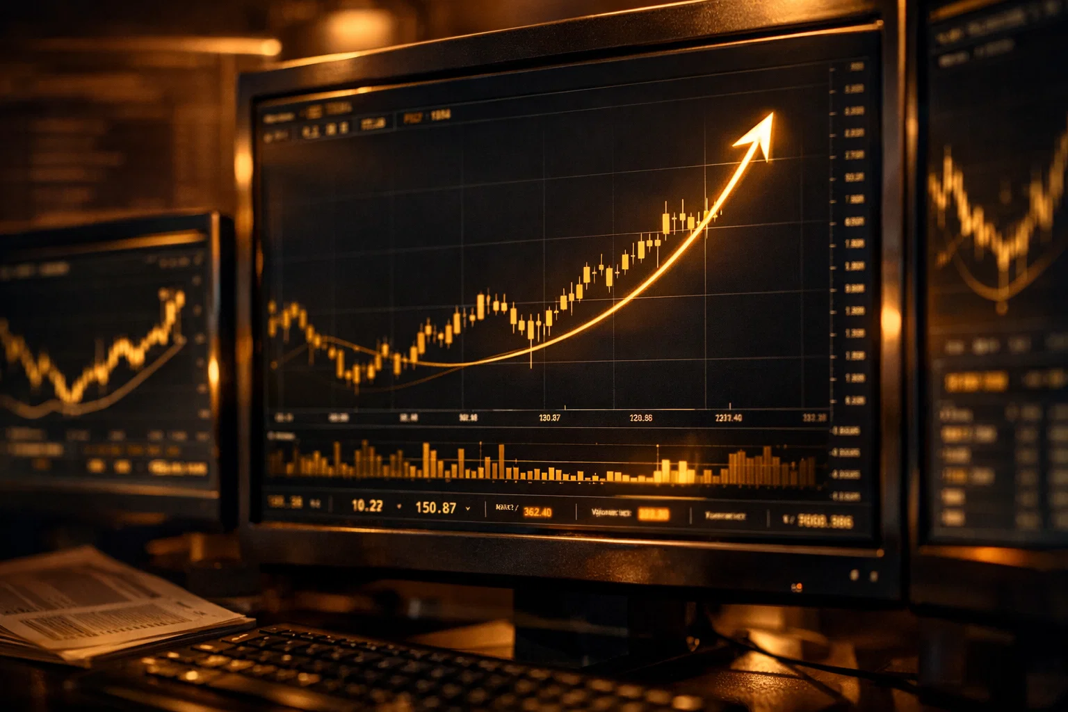 Close-up of a trading terminal featuring glowing golden trend lines and upward stock price movements.