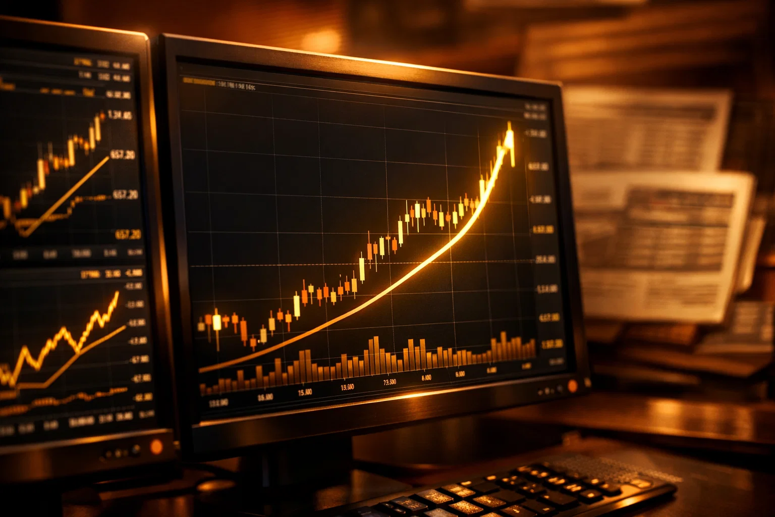 Close-up of a trading terminal with glowing golden trend lines showing Meta stock price movements on a dark screen.