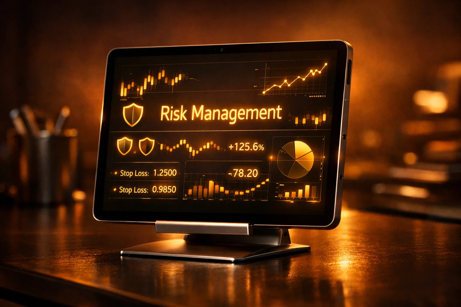 A digital tablet on a stand showing the text Risk Management with glowing golden trading indicators for Uber CFDs.