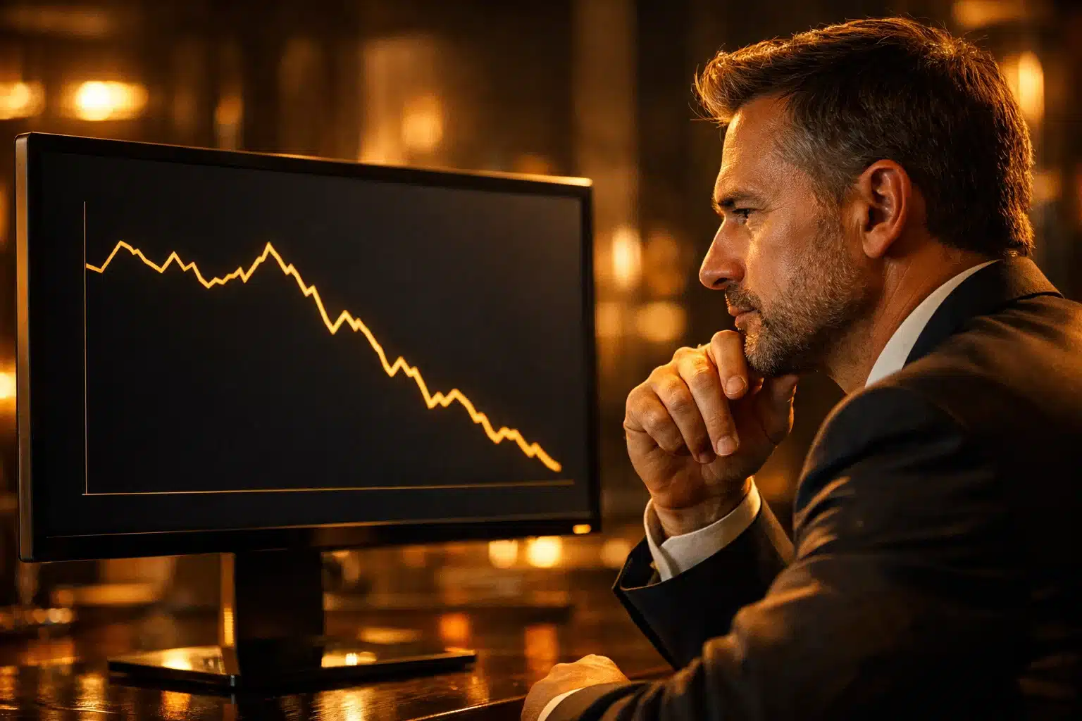 A professional analyst viewing a golden line chart on a dark screen in a warm amber lit office.