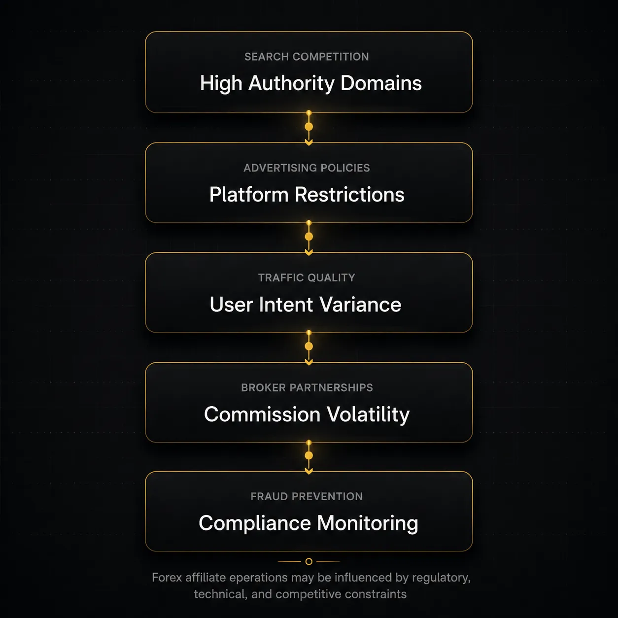 Premium dark-style fintech infographic visualizing common challenges in forex affiliate marketing including search competition, advertising restrictions, traffic quality, broker commission volatility, and fraud prevention systems.